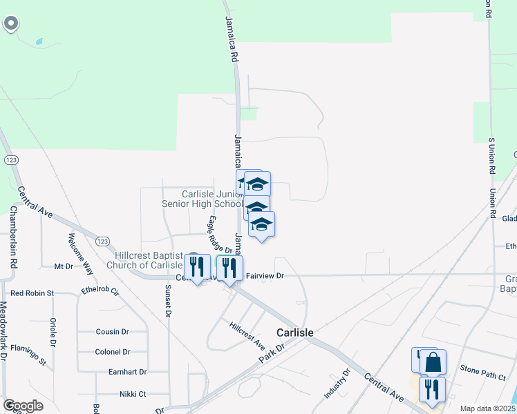map of restaurants, bars, coffee shops, grocery stores, and more near 250 Jamaica Road in Carlisle