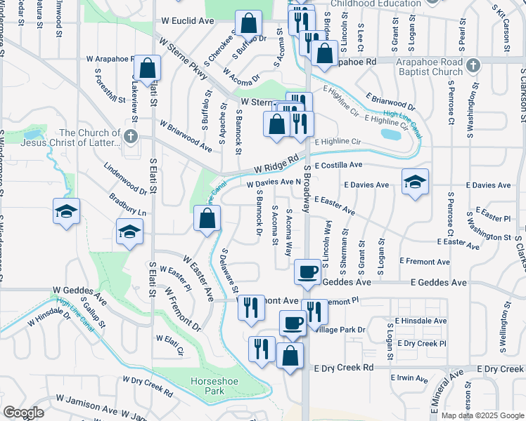 map of restaurants, bars, coffee shops, grocery stores, and more near 7296 S Bannock Dr in Littleton
