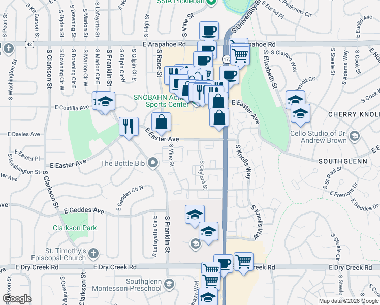 map of restaurants, bars, coffee shops, grocery stores, and more near 7130 South Vine Circle East in Centennial