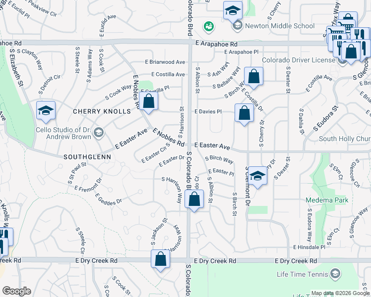 map of restaurants, bars, coffee shops, grocery stores, and more near 3992 East Nobles Road in Centennial