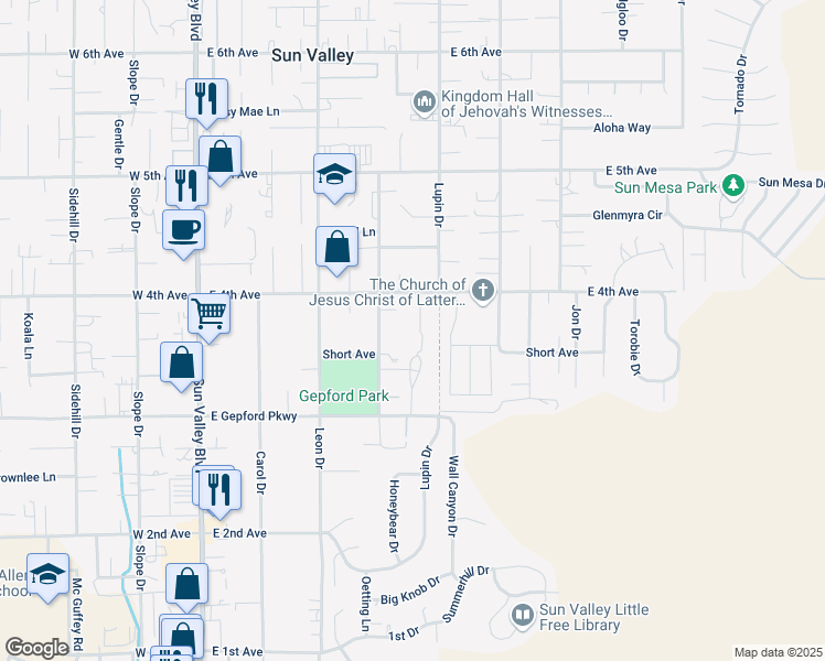 map of restaurants, bars, coffee shops, grocery stores, and more near 5365 Melinda Lane in Sun Valley