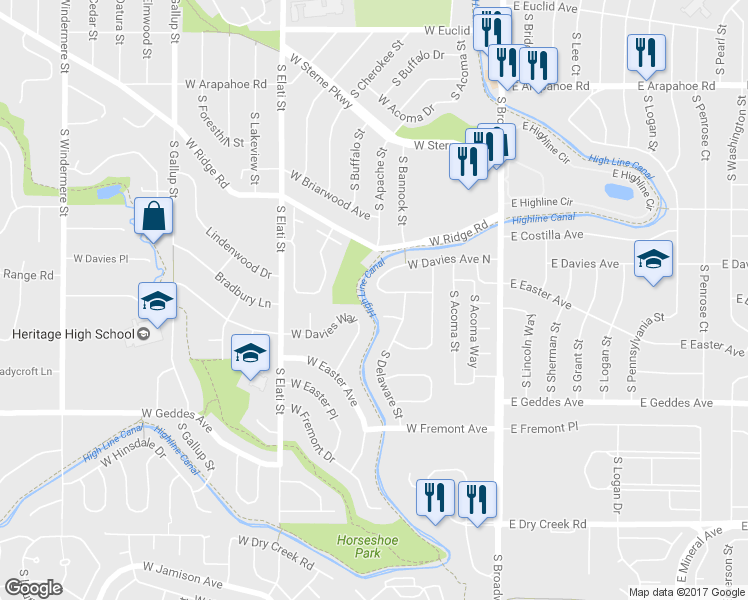 map of restaurants, bars, coffee shops, grocery stores, and more near 342 West Davies Avenue South in Littleton