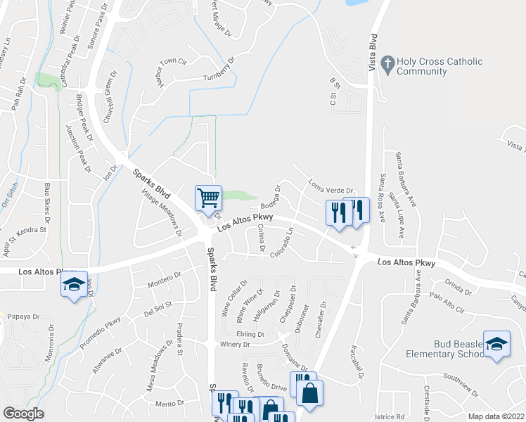 map of restaurants, bars, coffee shops, grocery stores, and more near 1201 Bodega Drive in Sparks