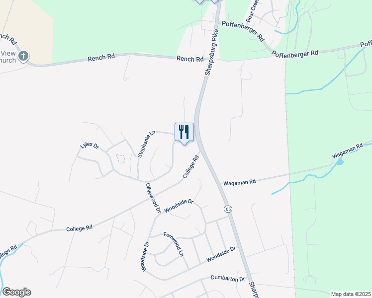 map of restaurants, bars, coffee shops, grocery stores, and more near 18360 College Road in Hagerstown