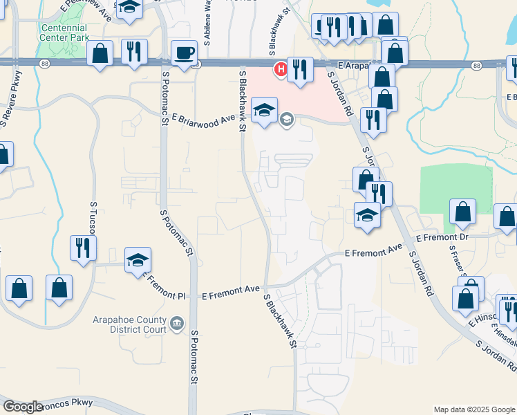map of restaurants, bars, coffee shops, grocery stores, and more near 9510 South Blackhawk Street in Englewood