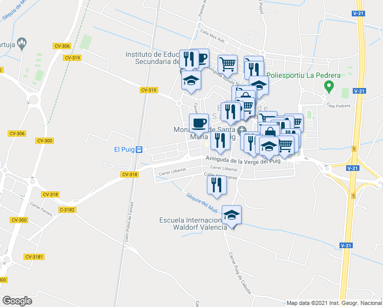 map of restaurants, bars, coffee shops, grocery stores, and more near 4 Avenida Valencia in El Puig de Santa Maria