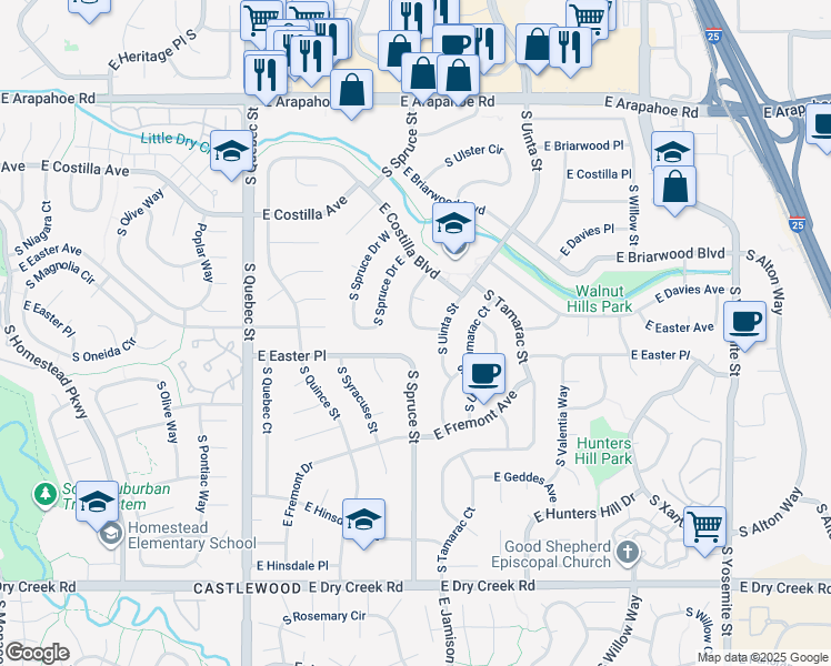 map of restaurants, bars, coffee shops, grocery stores, and more near 7063 South Trenton Drive in Centennial
