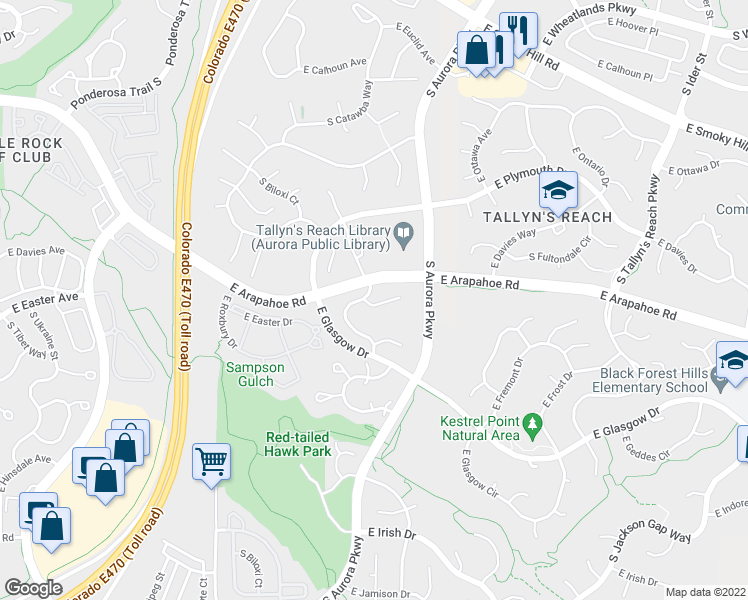 map of restaurants, bars, coffee shops, grocery stores, and more near 23871 East Easter Place in Aurora