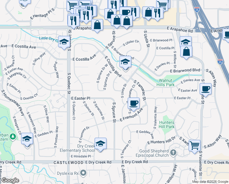 map of restaurants, bars, coffee shops, grocery stores, and more near 7063 South Trenton Drive in Centennial