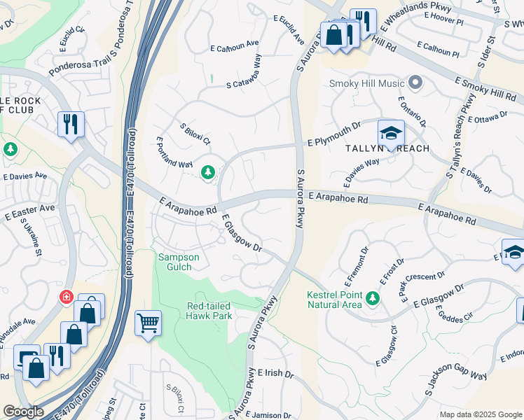 map of restaurants, bars, coffee shops, grocery stores, and more near 23871 East Easter Place in Aurora