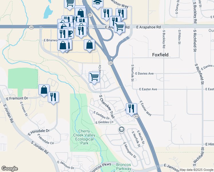 map of restaurants, bars, coffee shops, grocery stores, and more near 16075 East Easter Circle in Aurora