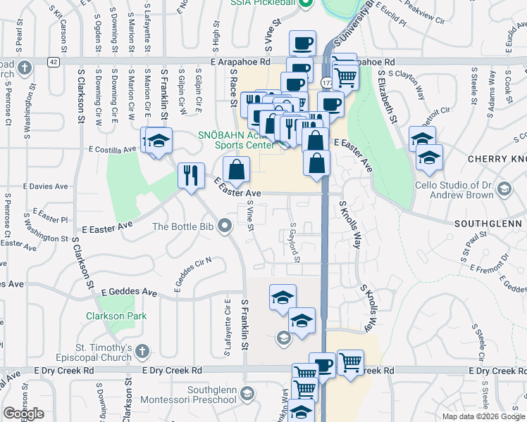 map of restaurants, bars, coffee shops, grocery stores, and more near 7130 South Vine Circle East in Centennial