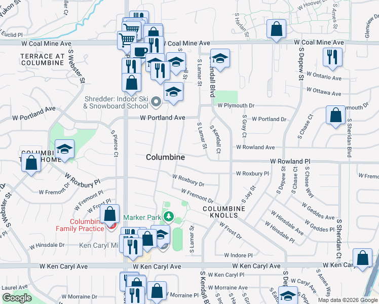map of restaurants, bars, coffee shops, grocery stores, and more near 6371 West Rowland Avenue in Littleton
