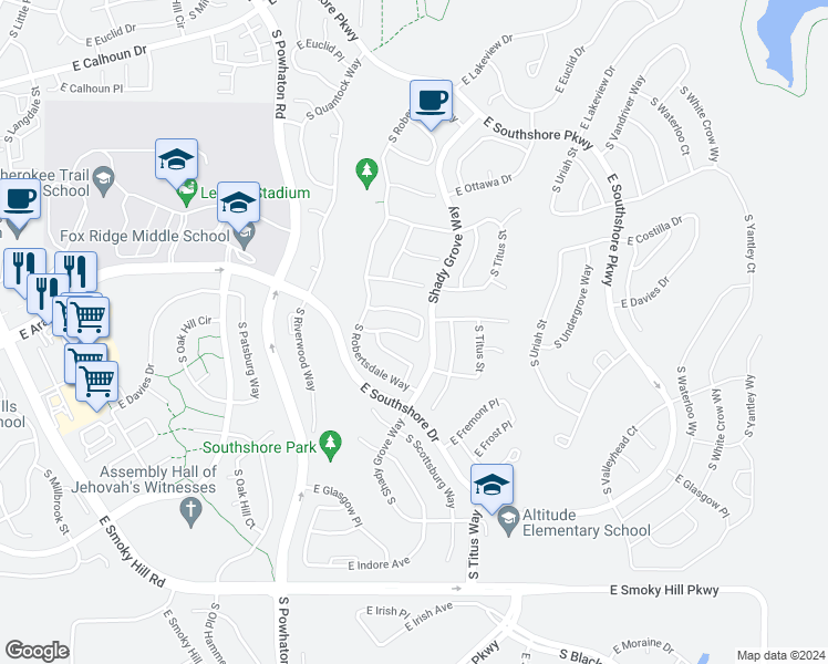 map of restaurants, bars, coffee shops, grocery stores, and more near 26963 East Easter Place in Aurora