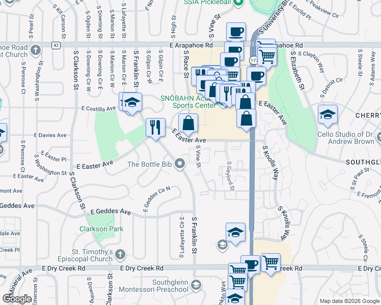 map of restaurants, bars, coffee shops, grocery stores, and more near 7125 South Vine Circle East in Centennial