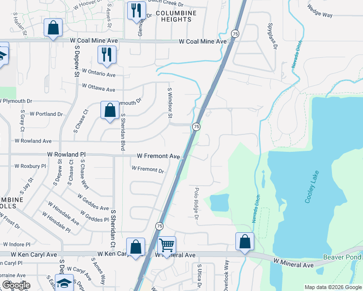 map of restaurants, bars, coffee shops, grocery stores, and more near 7037 South Platte Canyon Road in Littleton