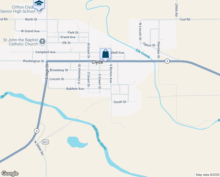map of restaurants, bars, coffee shops, grocery stores, and more near 320 South Borton Avenue in Clyde