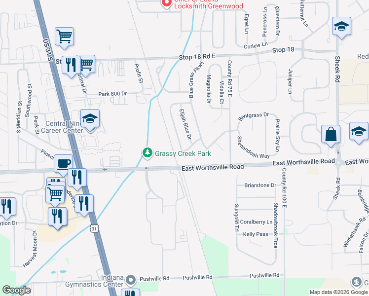map of restaurants, bars, coffee shops, grocery stores, and more near 727 Red Leaf Lane in Greenwood