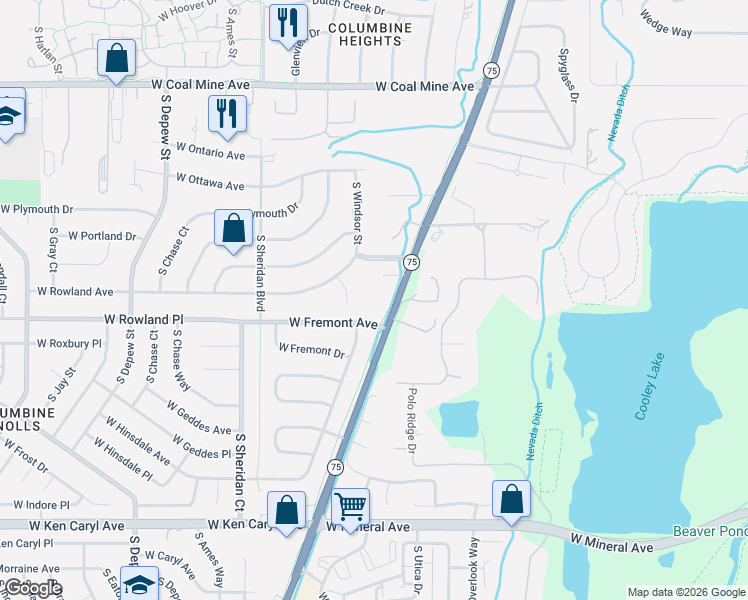 map of restaurants, bars, coffee shops, grocery stores, and more near 7037 South Platte Canyon Road in Littleton