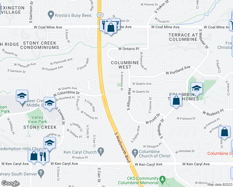 map of restaurants, bars, coffee shops, grocery stores, and more near 8172 West Quarto Drive in Littleton
