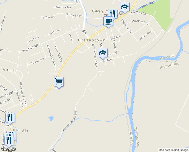 map of restaurants, bars, coffee shops, grocery stores, and more near 15107 Winchester Road Southwest in La Vale