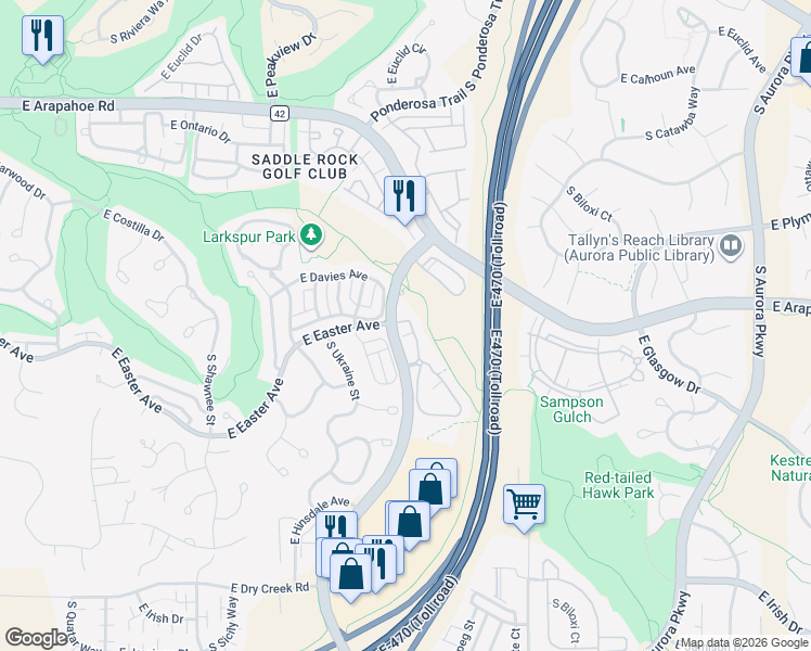 map of restaurants, bars, coffee shops, grocery stores, and more near 7101 South Wenatchee Way in Aurora