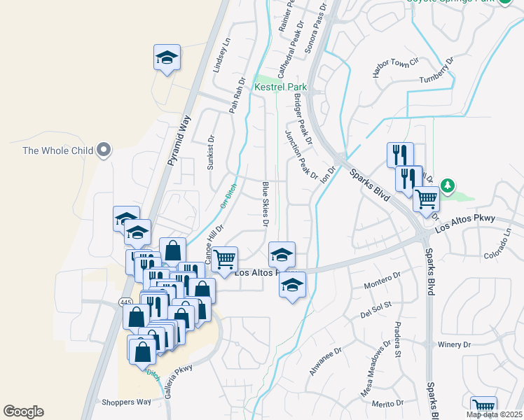 map of restaurants, bars, coffee shops, grocery stores, and more near 485 Blue Skies Drive in Sparks