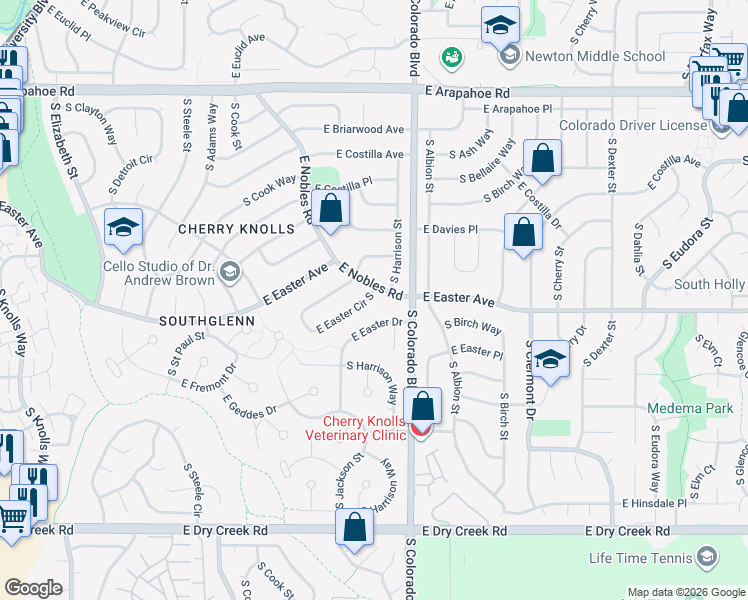 map of restaurants, bars, coffee shops, grocery stores, and more near 3766 East Easter Circle South in Centennial