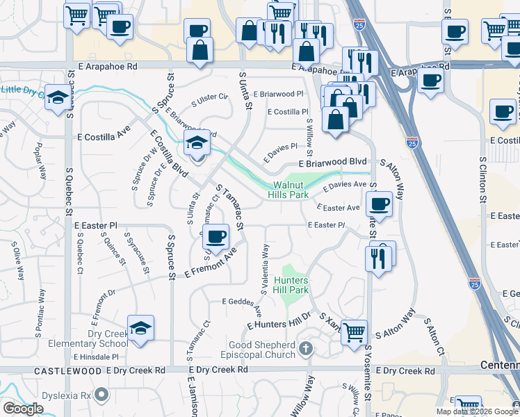 map of restaurants, bars, coffee shops, grocery stores, and more near 8306 East Easter Place in Centennial