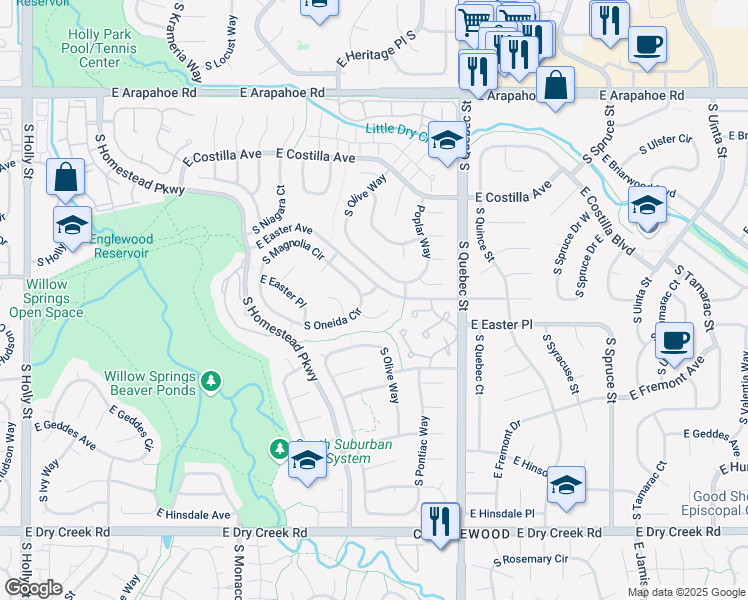 map of restaurants, bars, coffee shops, grocery stores, and more near 7083 South Oneida Circle in Centennial