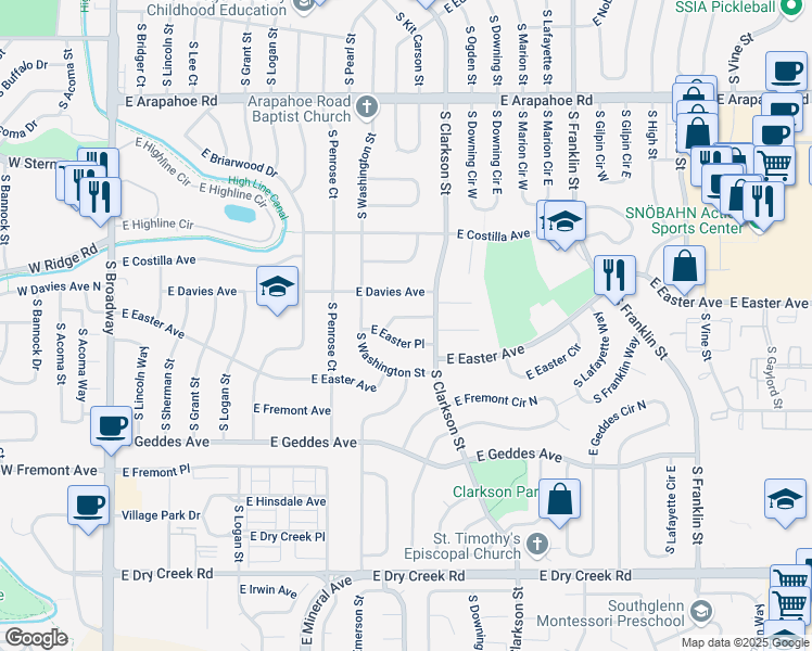map of restaurants, bars, coffee shops, grocery stores, and more near 1061 East Easter Place in Centennial