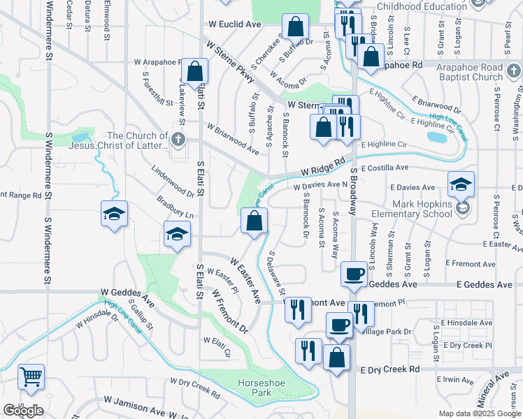 map of restaurants, bars, coffee shops, grocery stores, and more near 342 West Davies Avenue South in Littleton