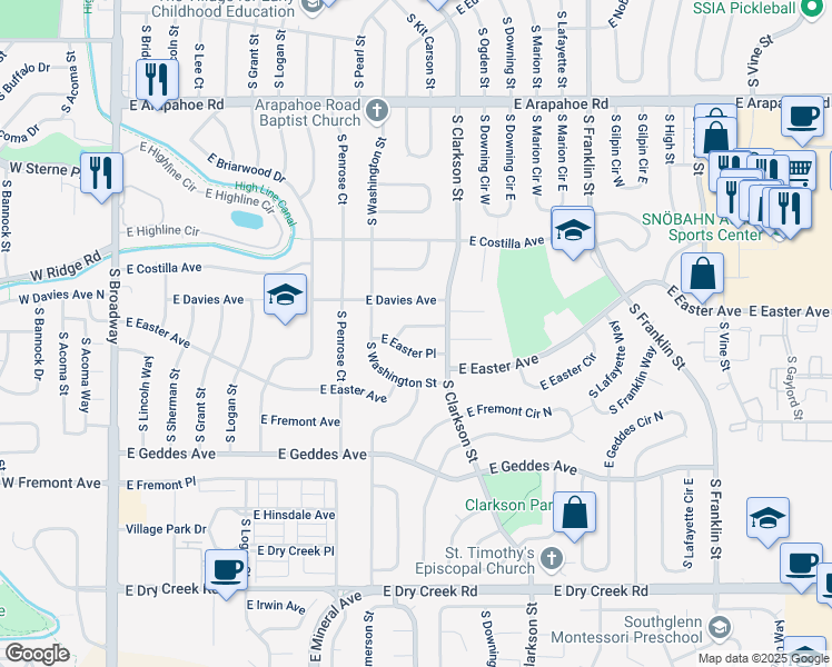 map of restaurants, bars, coffee shops, grocery stores, and more near 1061 East Easter Place in Centennial