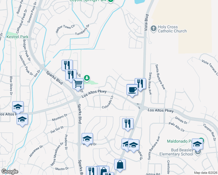map of restaurants, bars, coffee shops, grocery stores, and more near 1291 Cibola Drive in Sparks