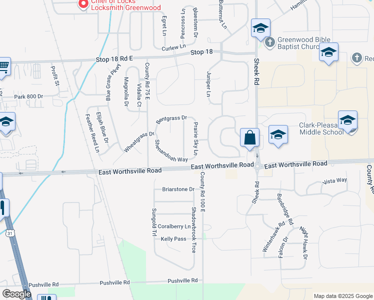 map of restaurants, bars, coffee shops, grocery stores, and more near 2029 Morning Light Lane in Greenwood