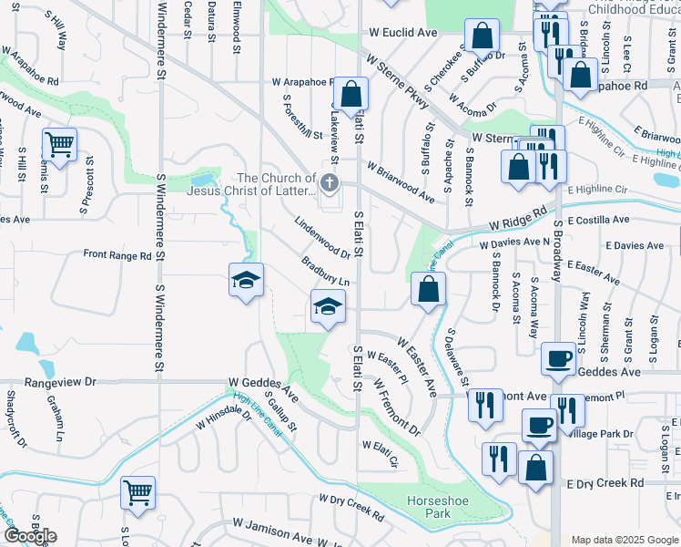 map of restaurants, bars, coffee shops, grocery stores, and more near 15 Bradbury Ln in Littleton