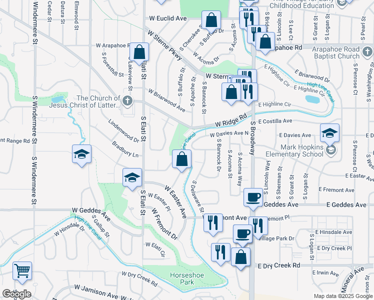 map of restaurants, bars, coffee shops, grocery stores, and more near 342 West Davies Avenue South in Littleton