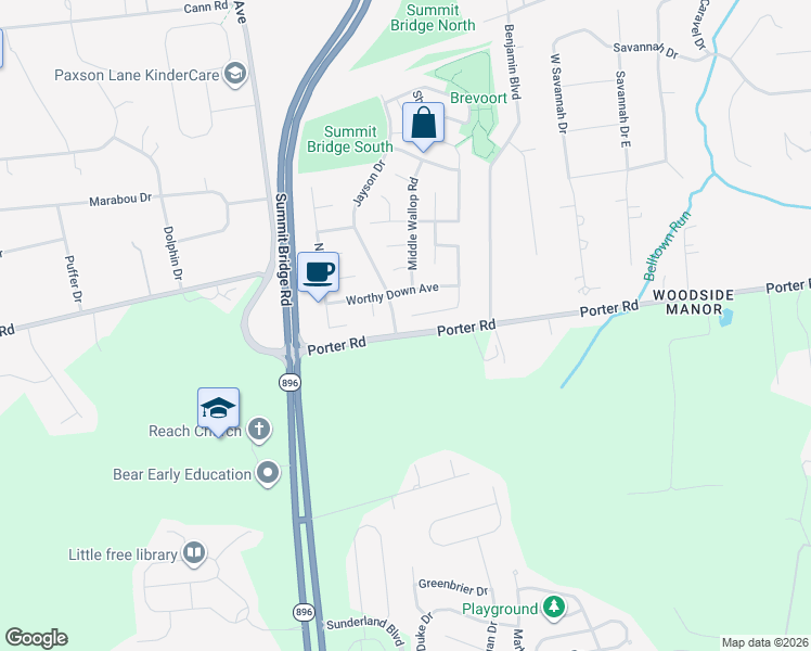 map of restaurants, bars, coffee shops, grocery stores, and more near 8 Constance Court in Bear