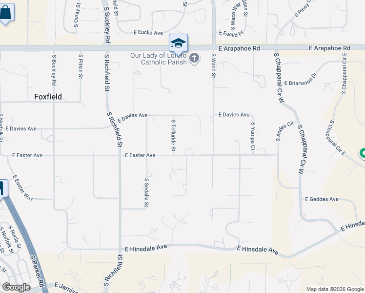 map of restaurants, bars, coffee shops, grocery stores, and more near 17819 East Easter Avenue in Foxfield