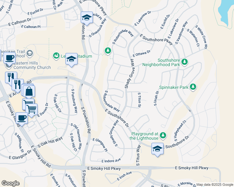 map of restaurants, bars, coffee shops, grocery stores, and more near 26963 East Easter Place in Aurora