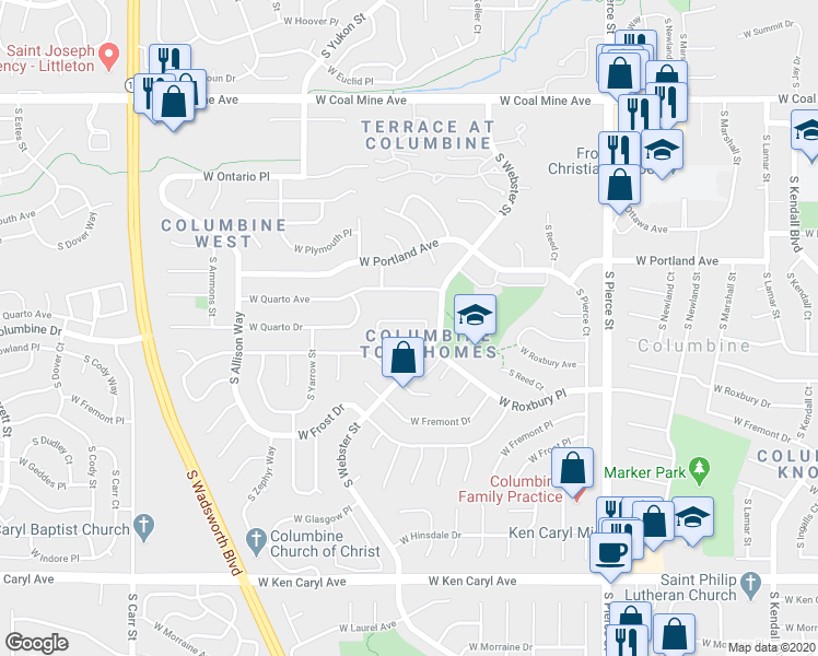 map of restaurants, bars, coffee shops, grocery stores, and more near 7147 South Webster Street in Littleton