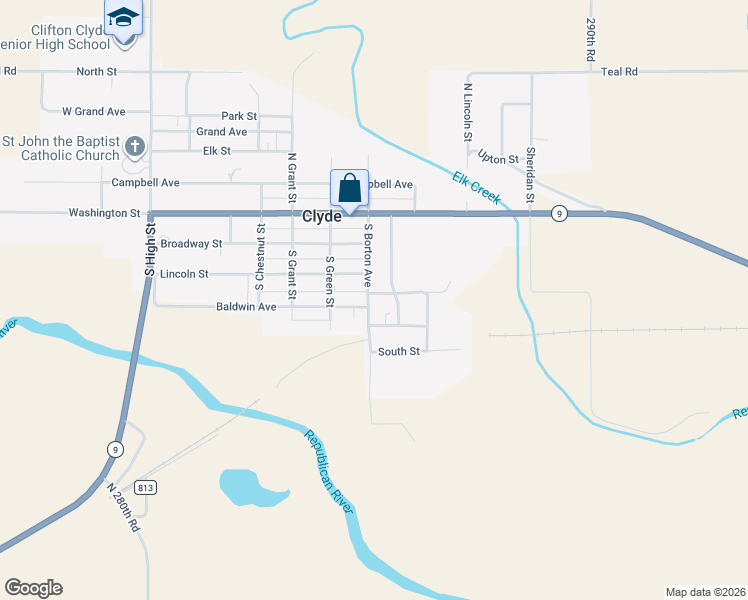 map of restaurants, bars, coffee shops, grocery stores, and more near 320 South Borton Avenue in Clyde