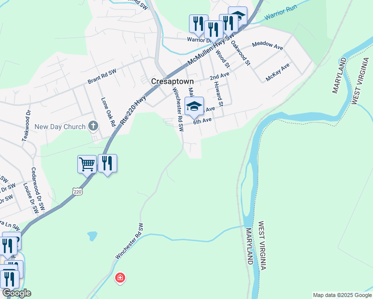 map of restaurants, bars, coffee shops, grocery stores, and more near 15107 Winchester Road Southwest in La Vale