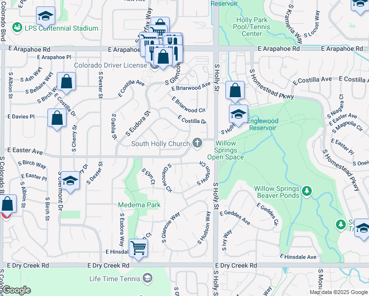 map of restaurants, bars, coffee shops, grocery stores, and more near 5451 East Easter Avenue in Centennial