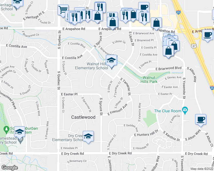 map of restaurants, bars, coffee shops, grocery stores, and more near 7092 South Trenton Drive in Centennial