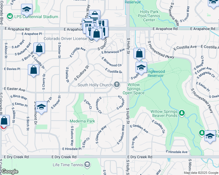 map of restaurants, bars, coffee shops, grocery stores, and more near 5451 East Easter Avenue in Centennial