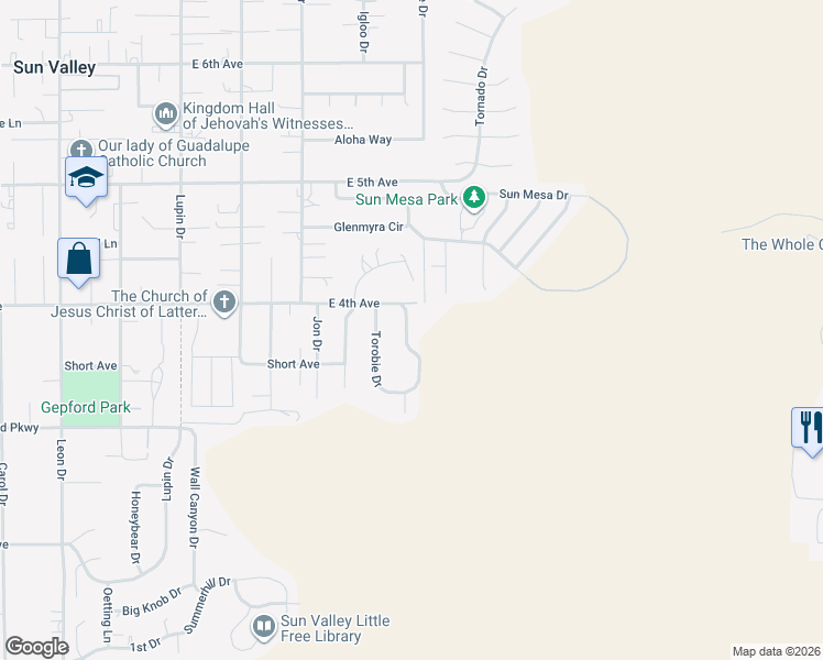 map of restaurants, bars, coffee shops, grocery stores, and more near 5340 Corral Drive in Sun Valley