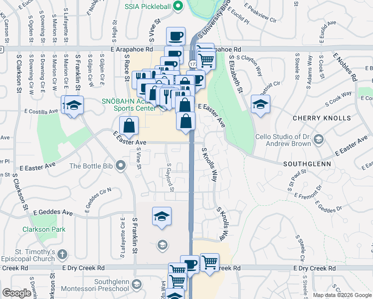 map of restaurants, bars, coffee shops, grocery stores, and more near 2301 East Fremont Avenue in Centennial