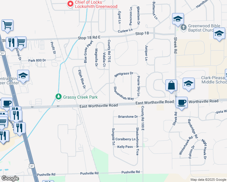 map of restaurants, bars, coffee shops, grocery stores, and more near 933 Shenandoah Way in Greenwood