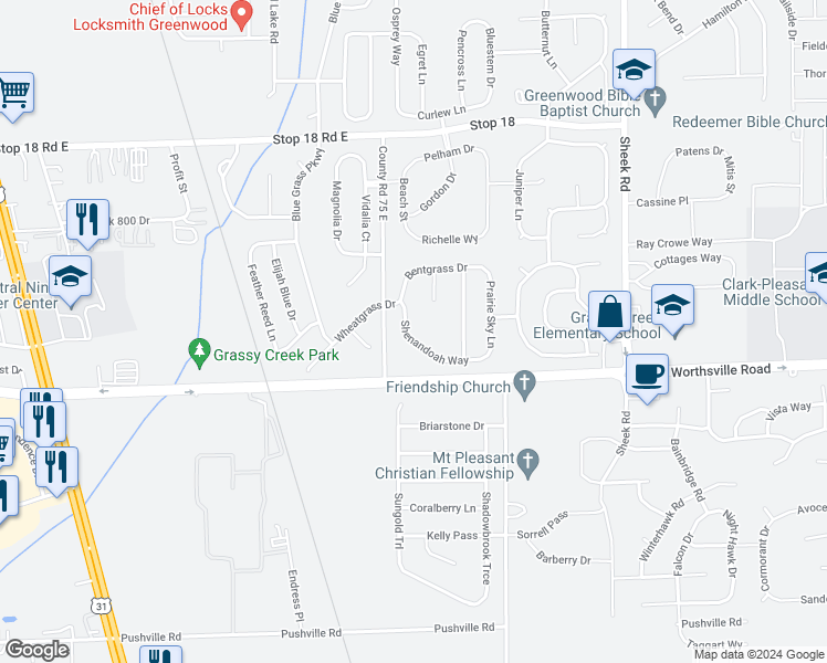 map of restaurants, bars, coffee shops, grocery stores, and more near 928 Shenandoah Way in Greenwood